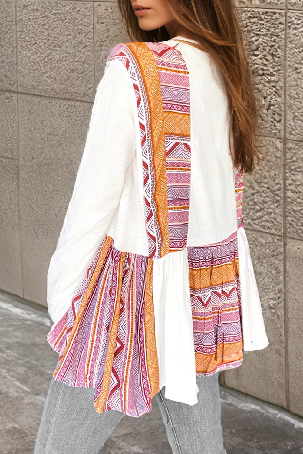 White Southwestern Aztec Print Patchwork Ruffled Tunic Long Sleeve Babydoll Top