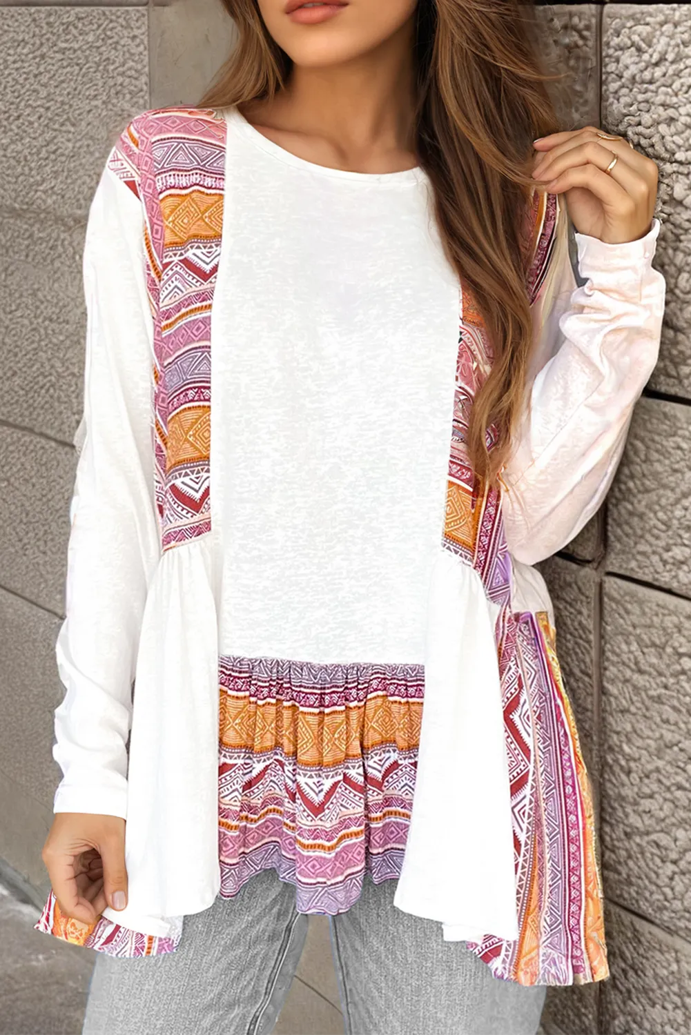 White Southwestern Aztec Print Patchwork Ruffled Tunic Long Sleeve Babydoll Top
