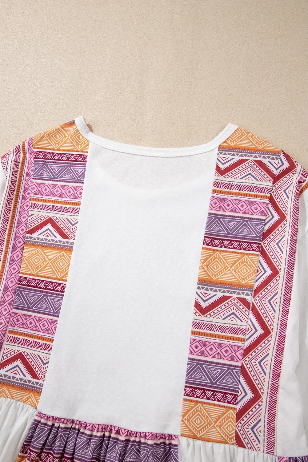 White Southwestern Aztec Print Patchwork Ruffled Tunic Long Sleeve Babydoll Top