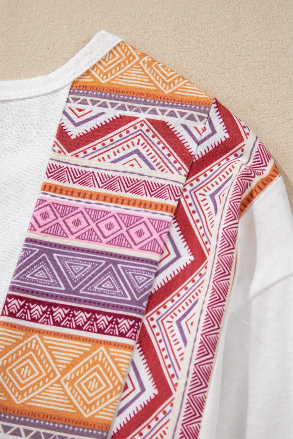 White Southwestern Aztec Print Patchwork Ruffled Tunic Long Sleeve Babydoll Top