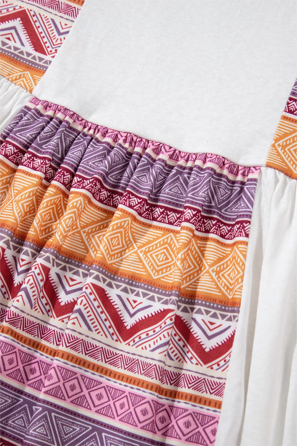 White Southwestern Aztec Print Patchwork Ruffled Tunic Long Sleeve Babydoll Top