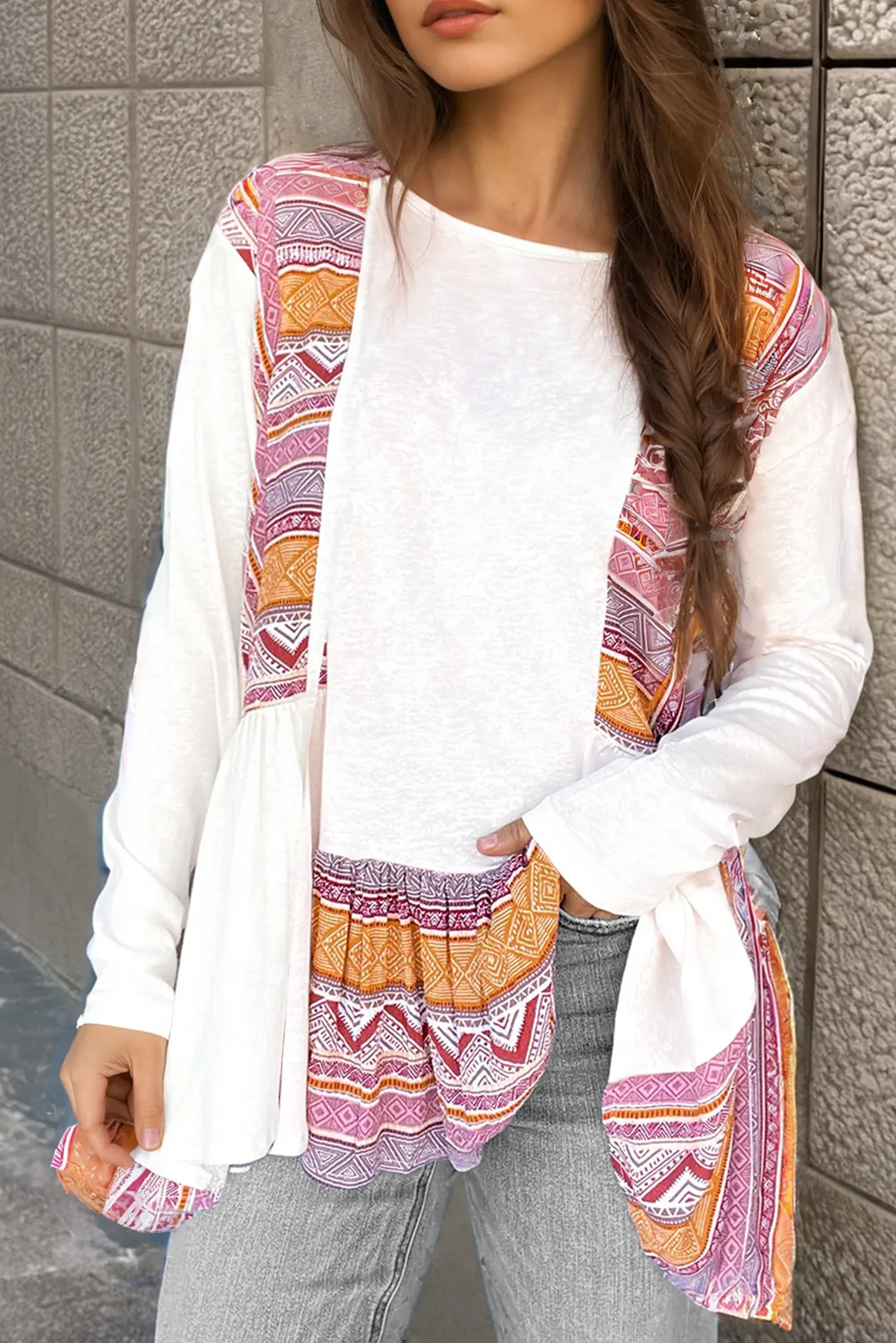 White Southwestern Aztec Print Patchwork Ruffled Tunic Long Sleeve Babydoll Top