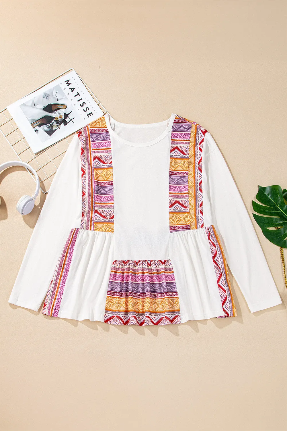 White Southwestern Aztec Print Patchwork Ruffled Tunic Long Sleeve Babydoll Top