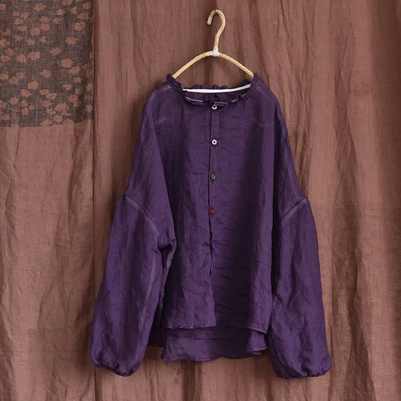 Women Autumn Cotton Linen Ruffled Loose Blouses