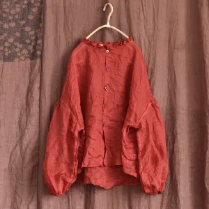 Women Autumn Cotton Linen Ruffled Loose Blouses