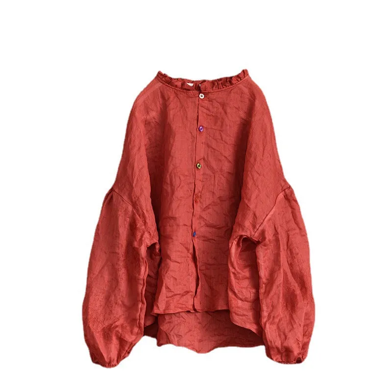 Women Autumn Cotton Linen Ruffled Loose Blouses