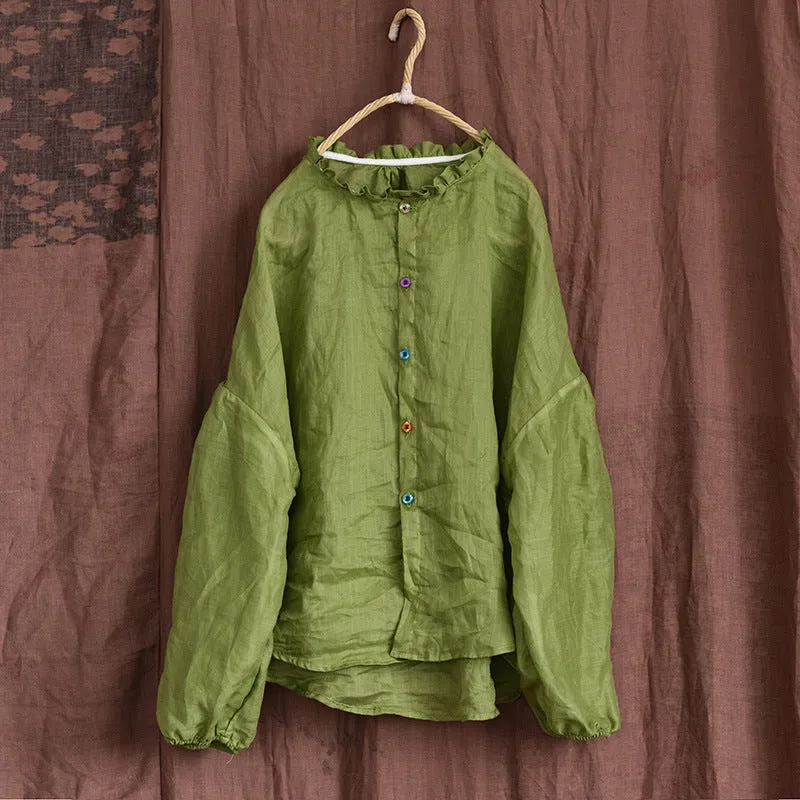 Women Autumn Cotton Linen Ruffled Loose Blouses