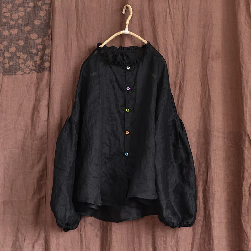 Women Autumn Cotton Linen Ruffled Loose Blouses
