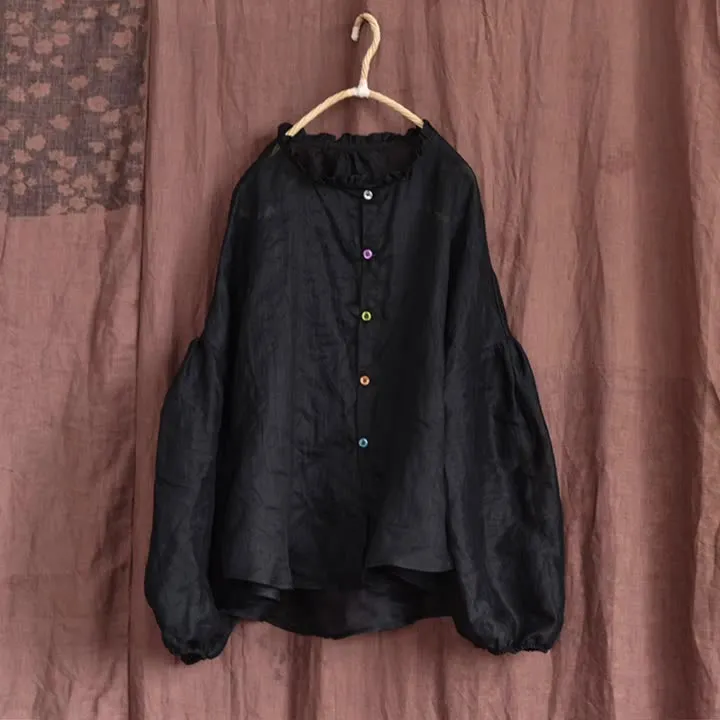 Women Autumn Cotton Linen Ruffled Loose Blouses