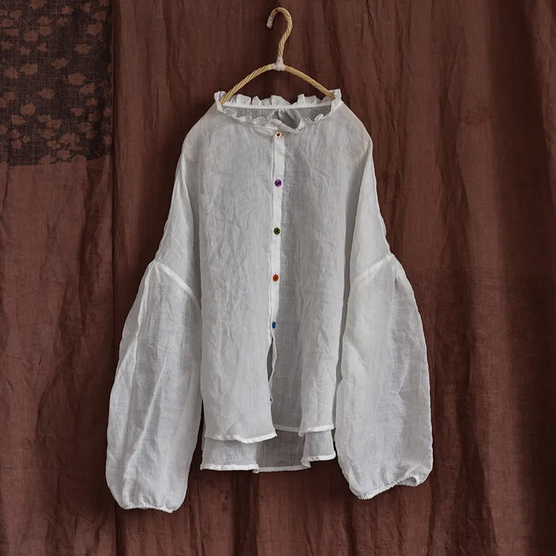 Women Autumn Cotton Linen Ruffled Loose Blouses