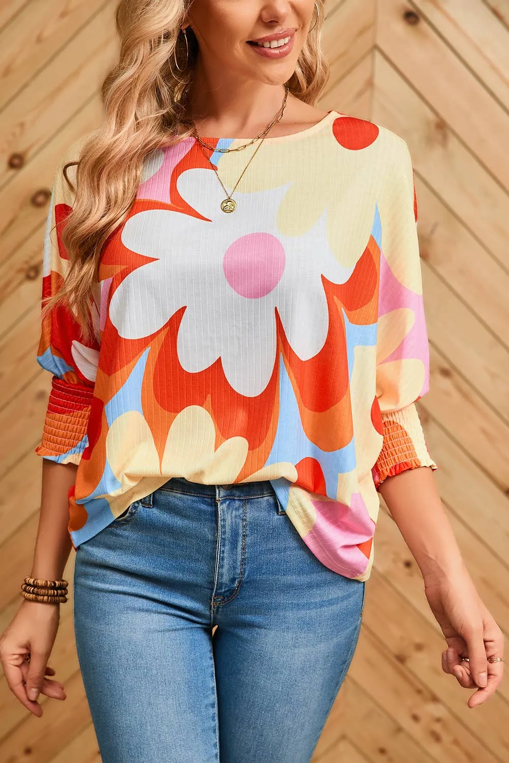 Women Big flower Print 3/4 Sleeve Top