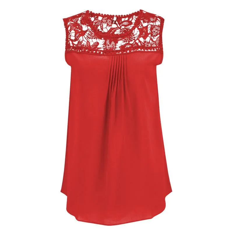 Women Blouses Chiffon Lace Blouse Plus Size Shirt Embroidery Hollow Out Sleeveless Top Casual Tops Shirts