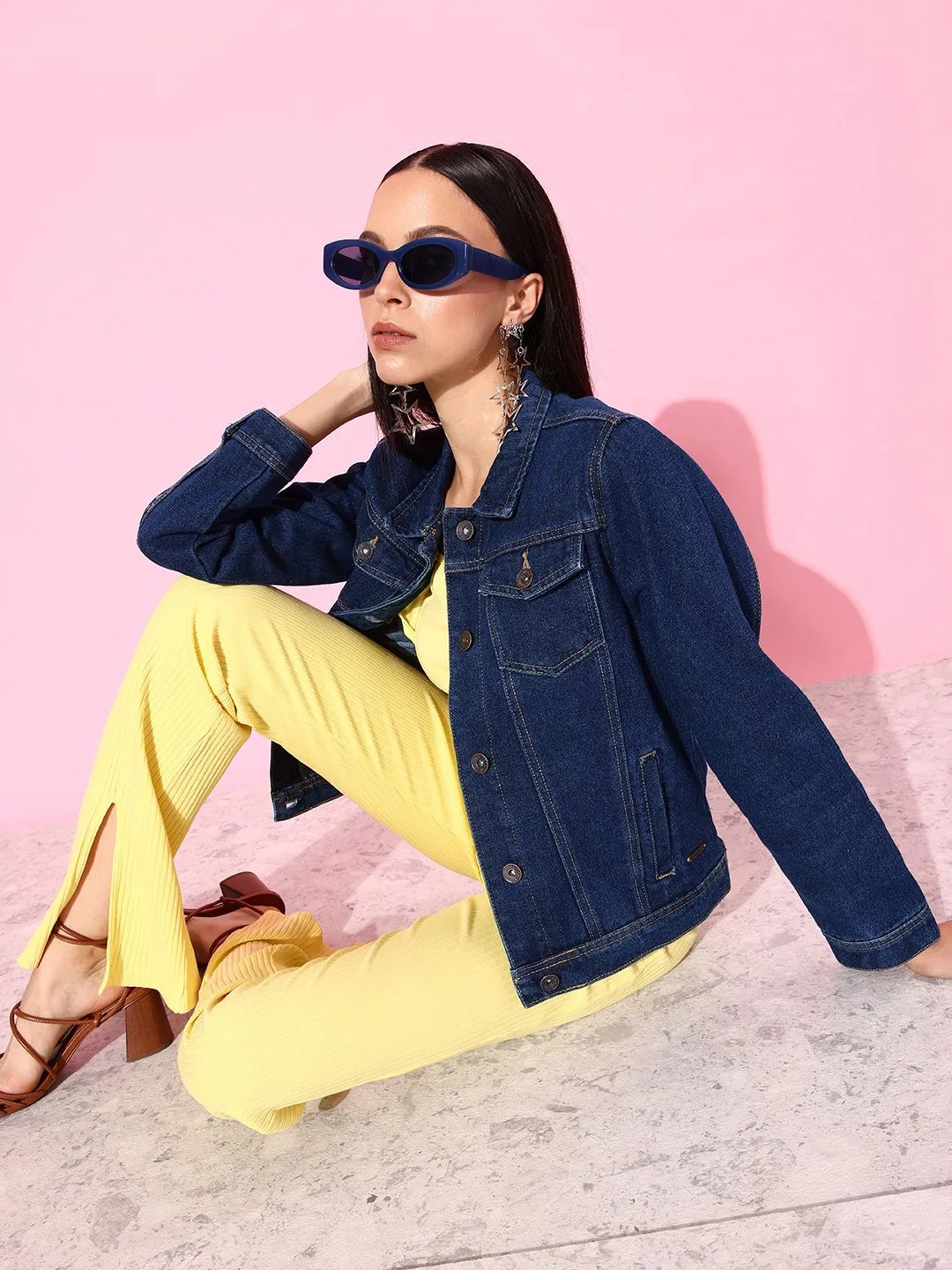 Women Blue Solid Denim Jacket