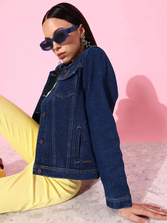 Women Blue Solid Denim Jacket