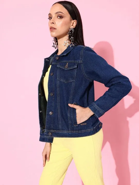 Women Blue Solid Denim Jacket