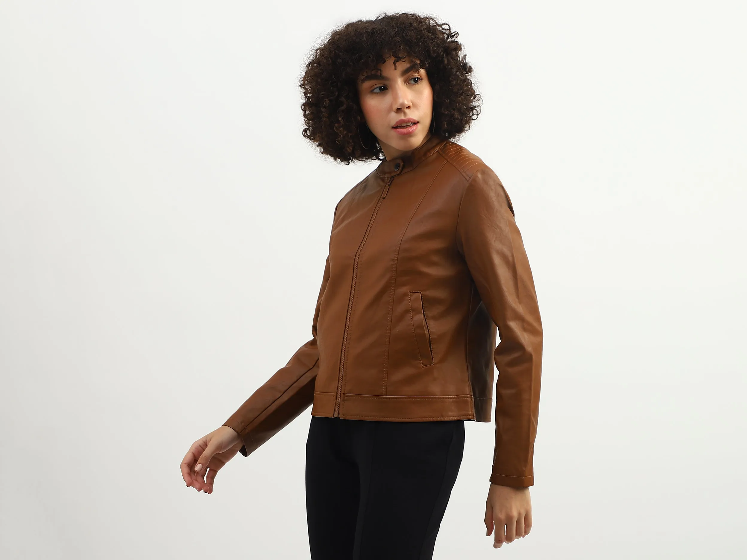 Women Solid Band Collar Jacket