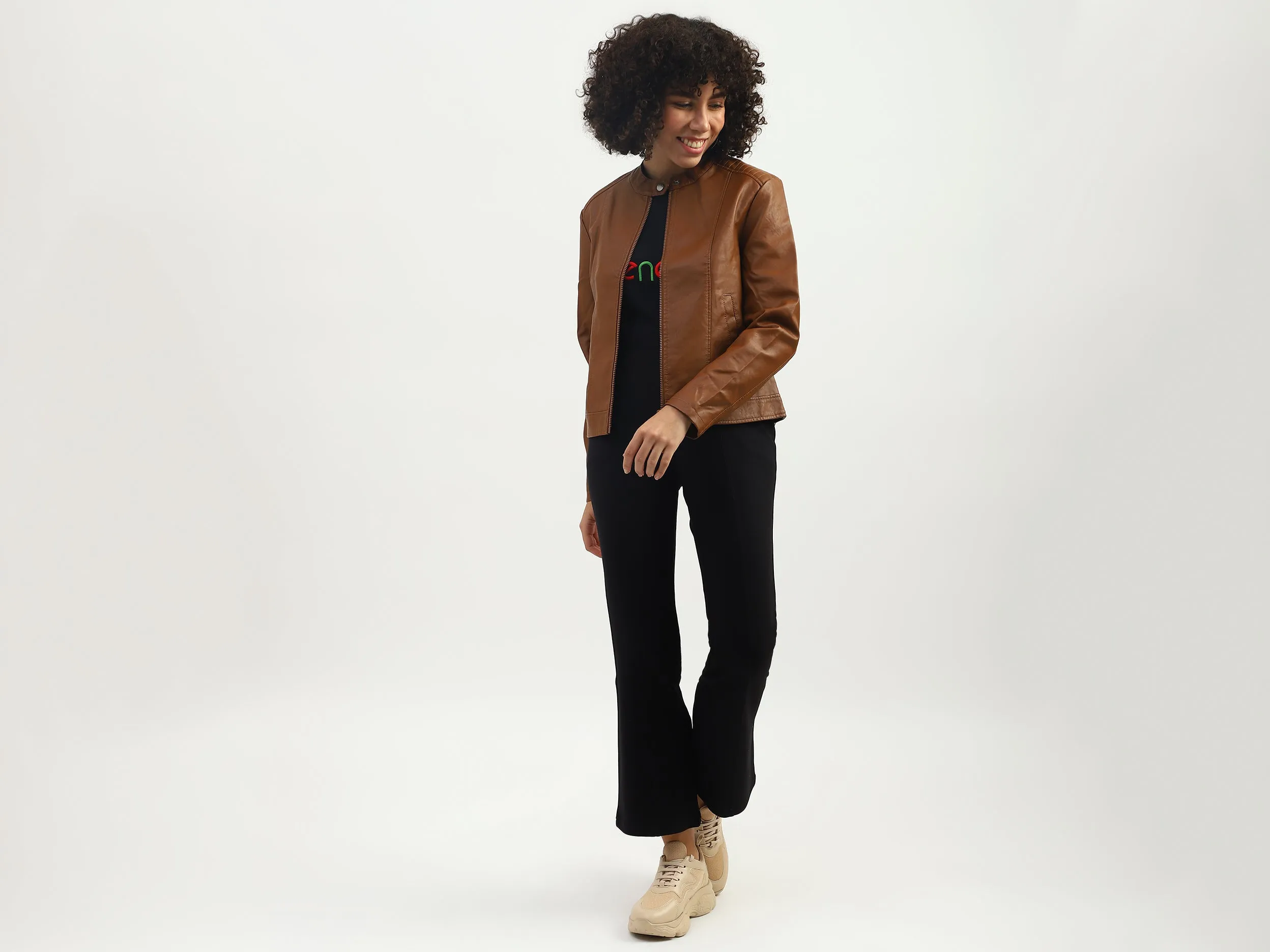 Women Solid Band Collar Jacket