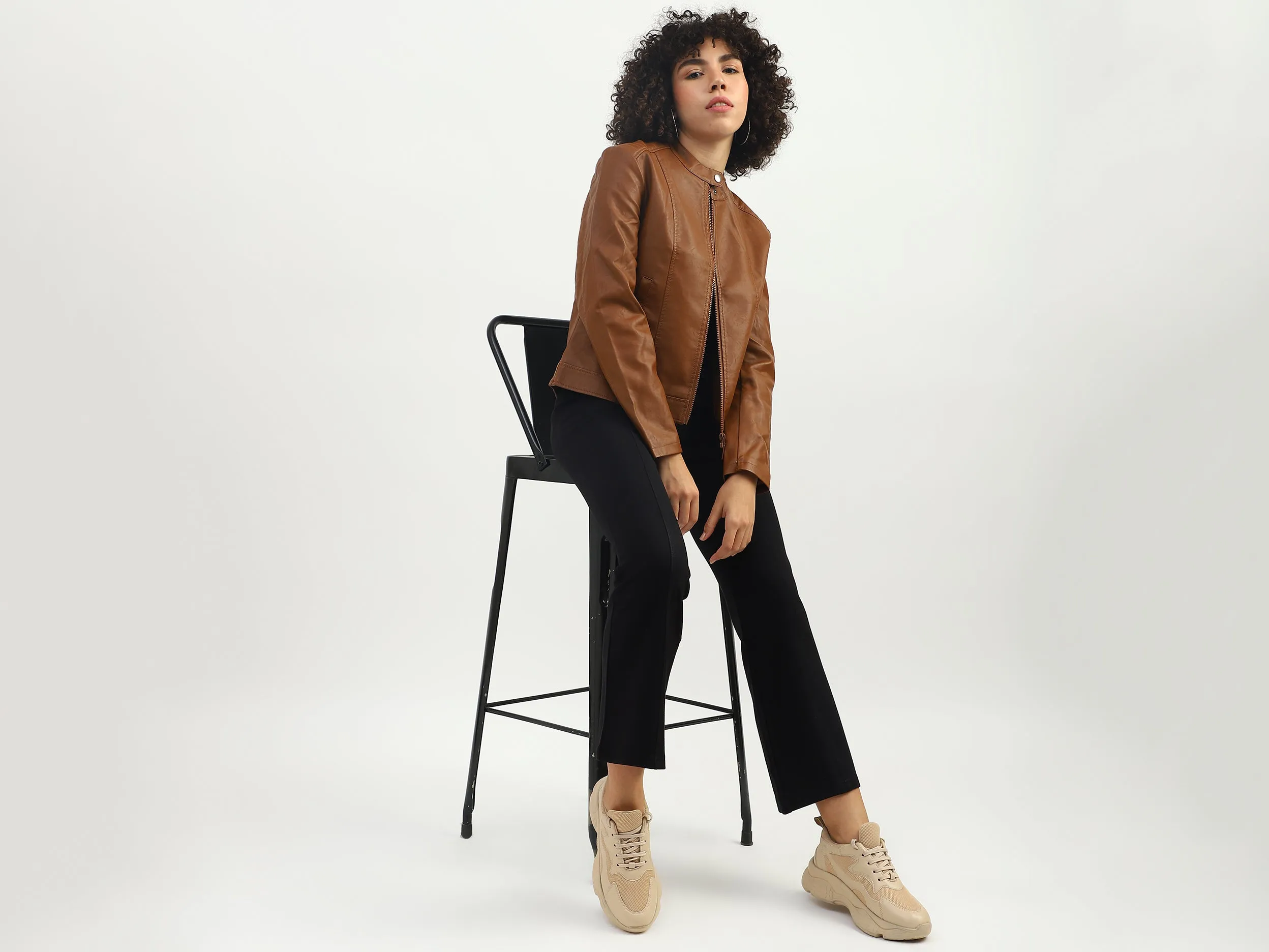 Women Solid Band Collar Jacket