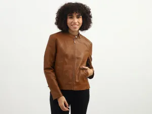 Women Solid Band Collar Jacket