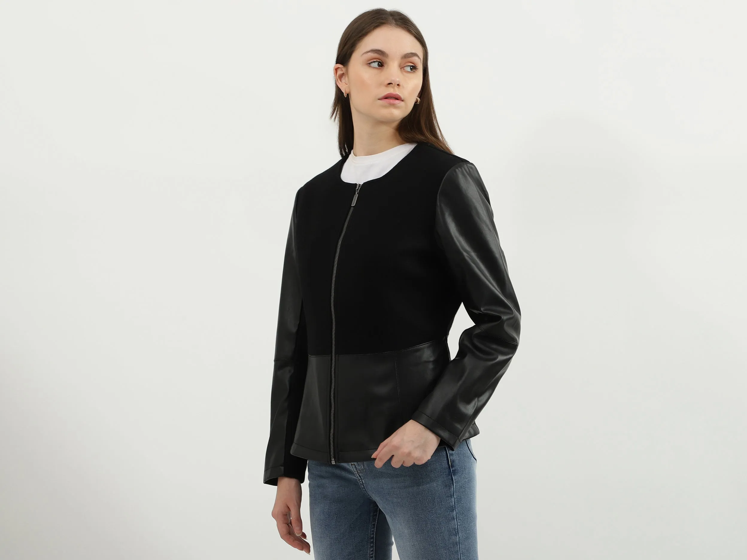 Women Solid Round Neck Jacket