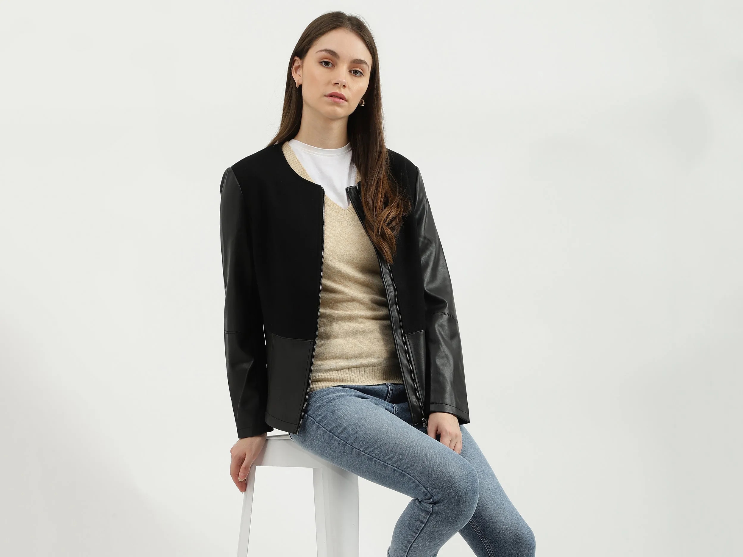 Women Solid Round Neck Jacket