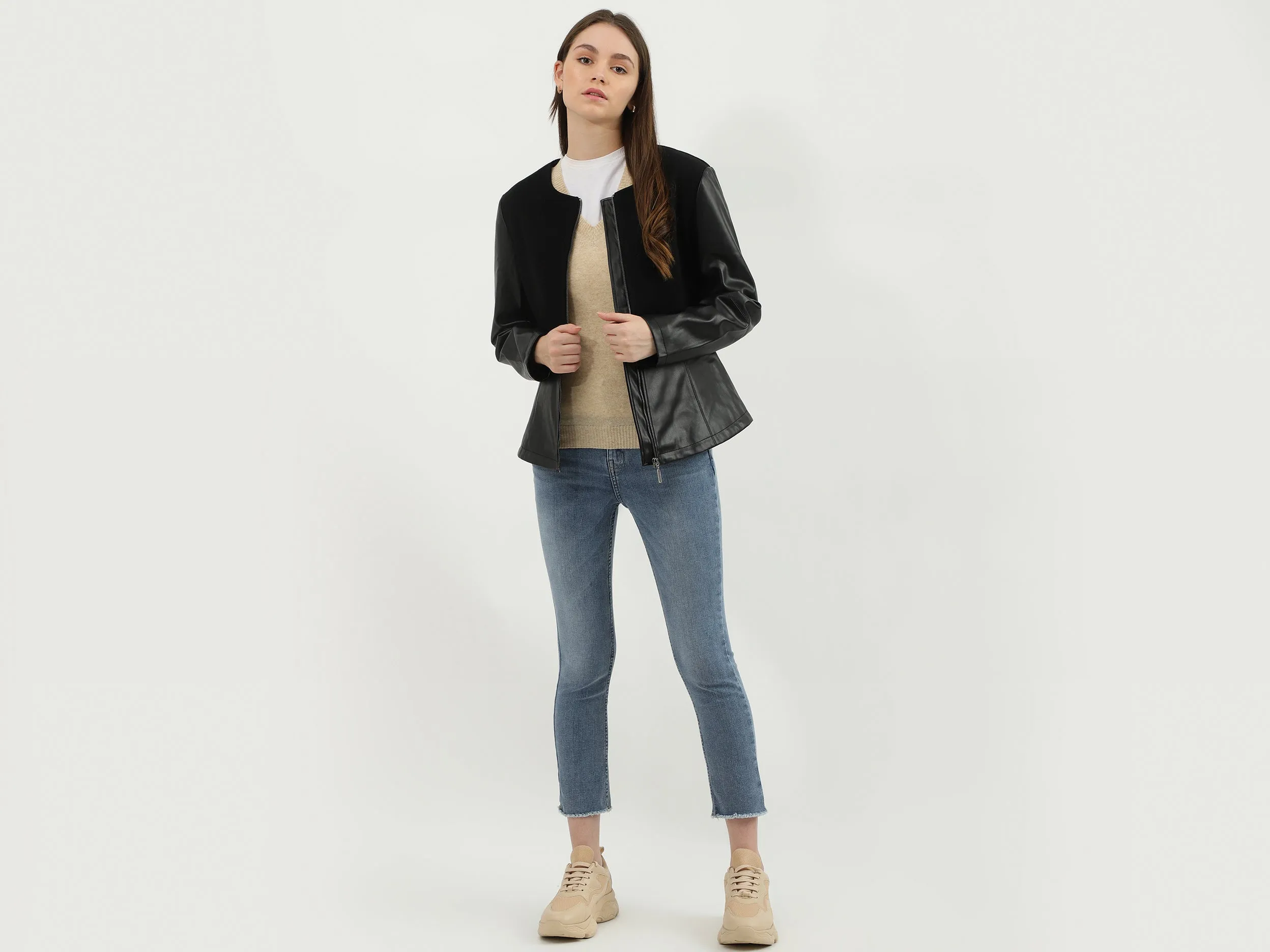 Women Solid Round Neck Jacket