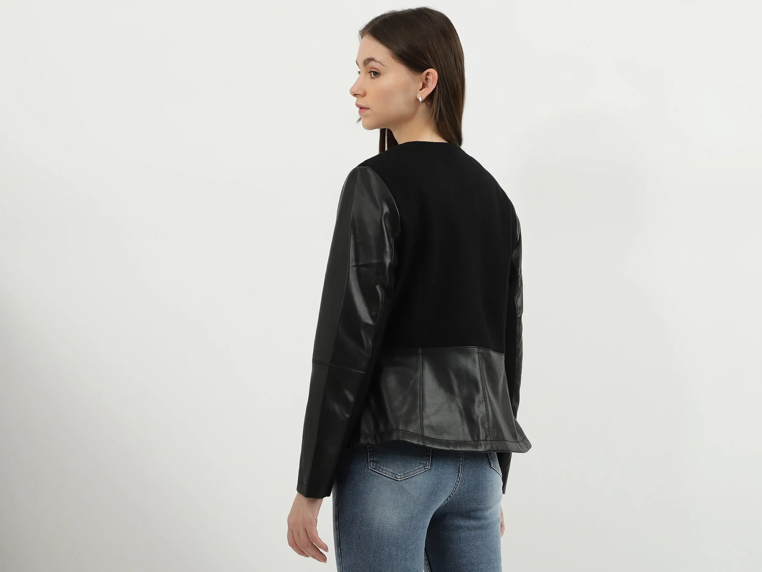 Women Solid Round Neck Jacket