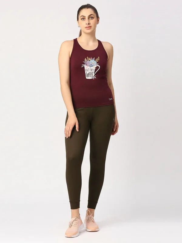 Women Wine Solid Top - Floral Cup Racerback-WN