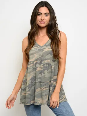 WOMEN'S CAMO PRINT V-NECK BABYDOLL TANK TOP
