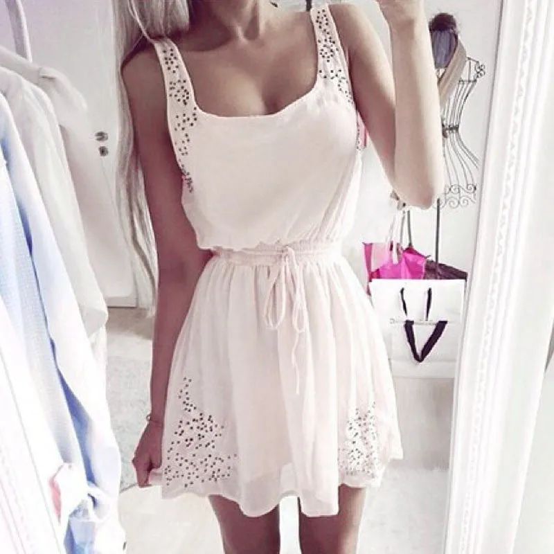 Womens Dresses Slim Sleeveless Hollow White Women Summer Dress Lady 2 Color Chiffon Mini Dresses Vestidos casual