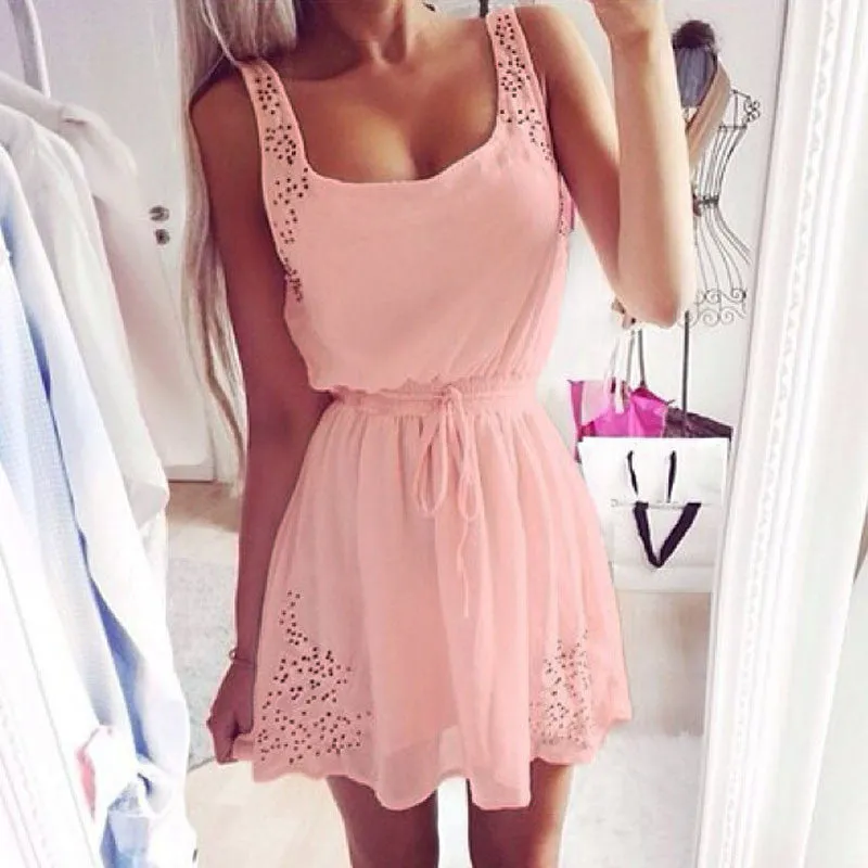 Womens Dresses Slim Sleeveless Hollow White Women Summer Dress Lady 2 Color Chiffon Mini Dresses Vestidos casual