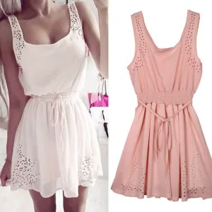 Womens Dresses Slim Sleeveless Hollow White Women Summer Dress Lady 2 Color Chiffon Mini Dresses Vestidos casual
