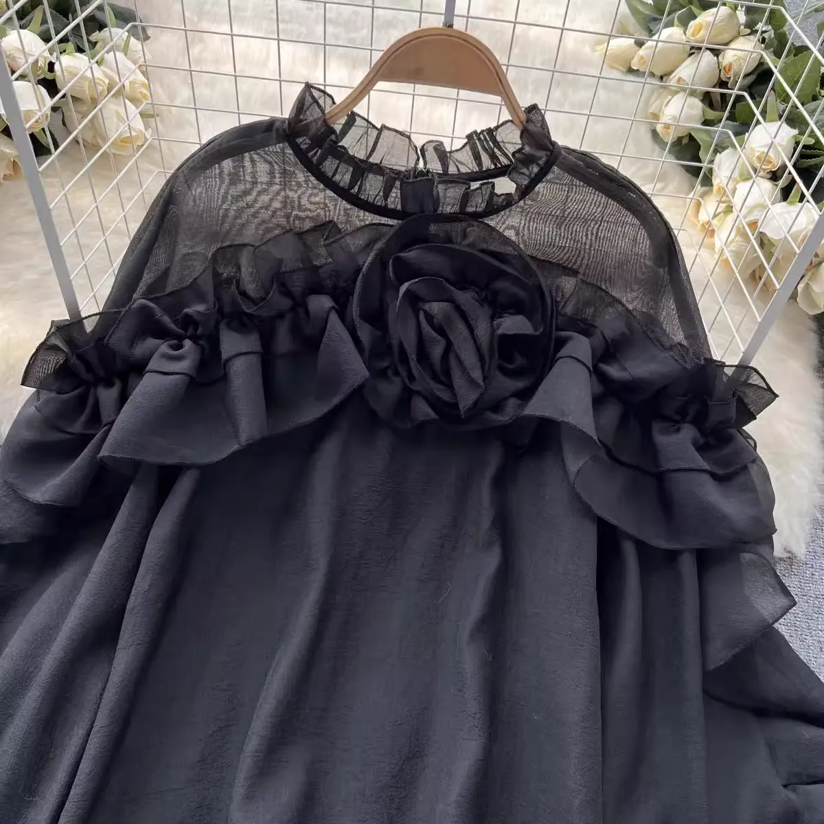 Women's irregular ruffled mesh blouses