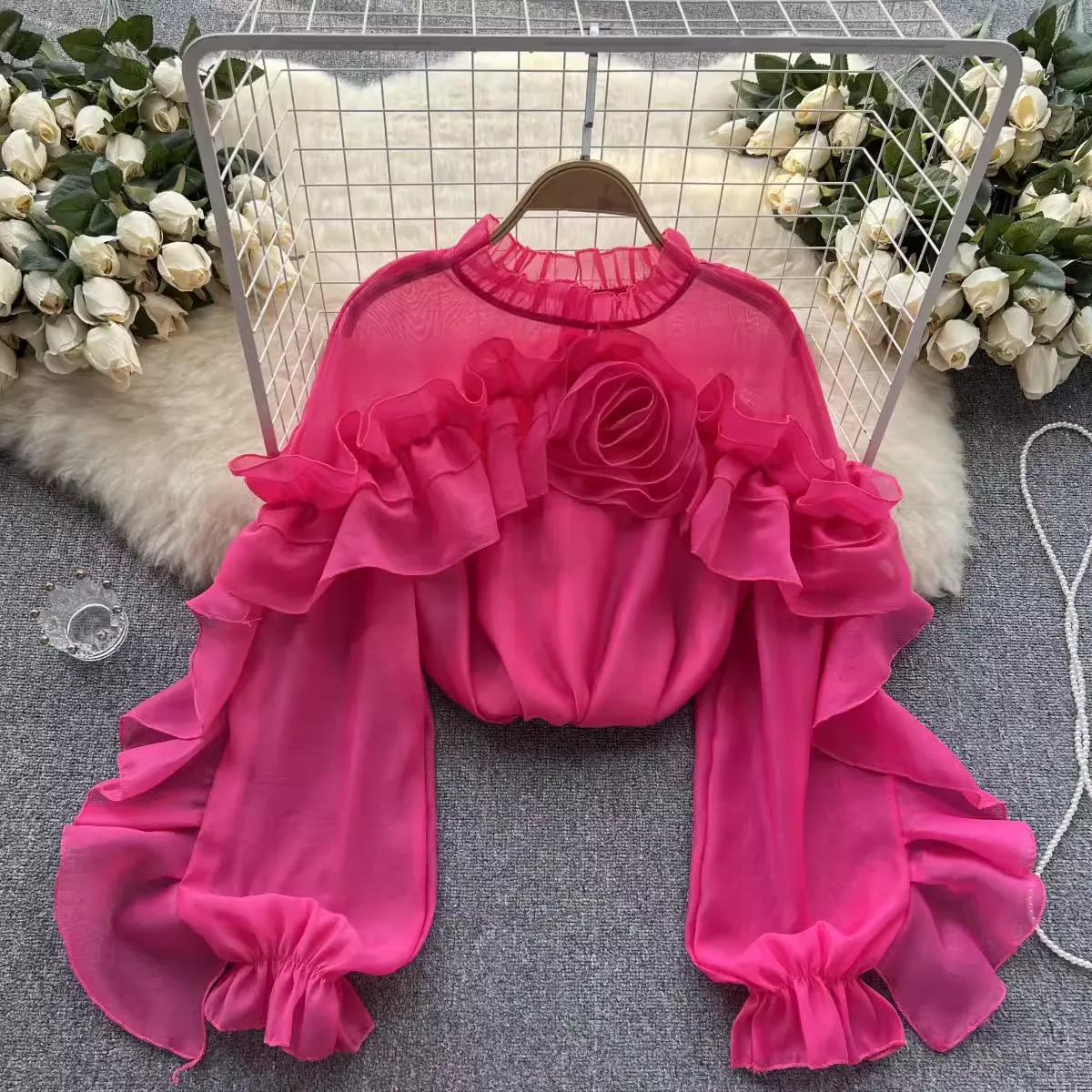 Women's irregular ruffled mesh blouses