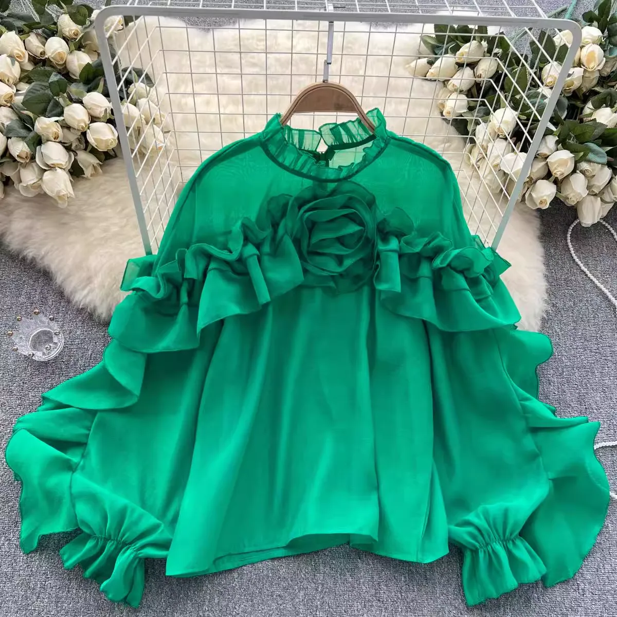 Women's irregular ruffled mesh blouses