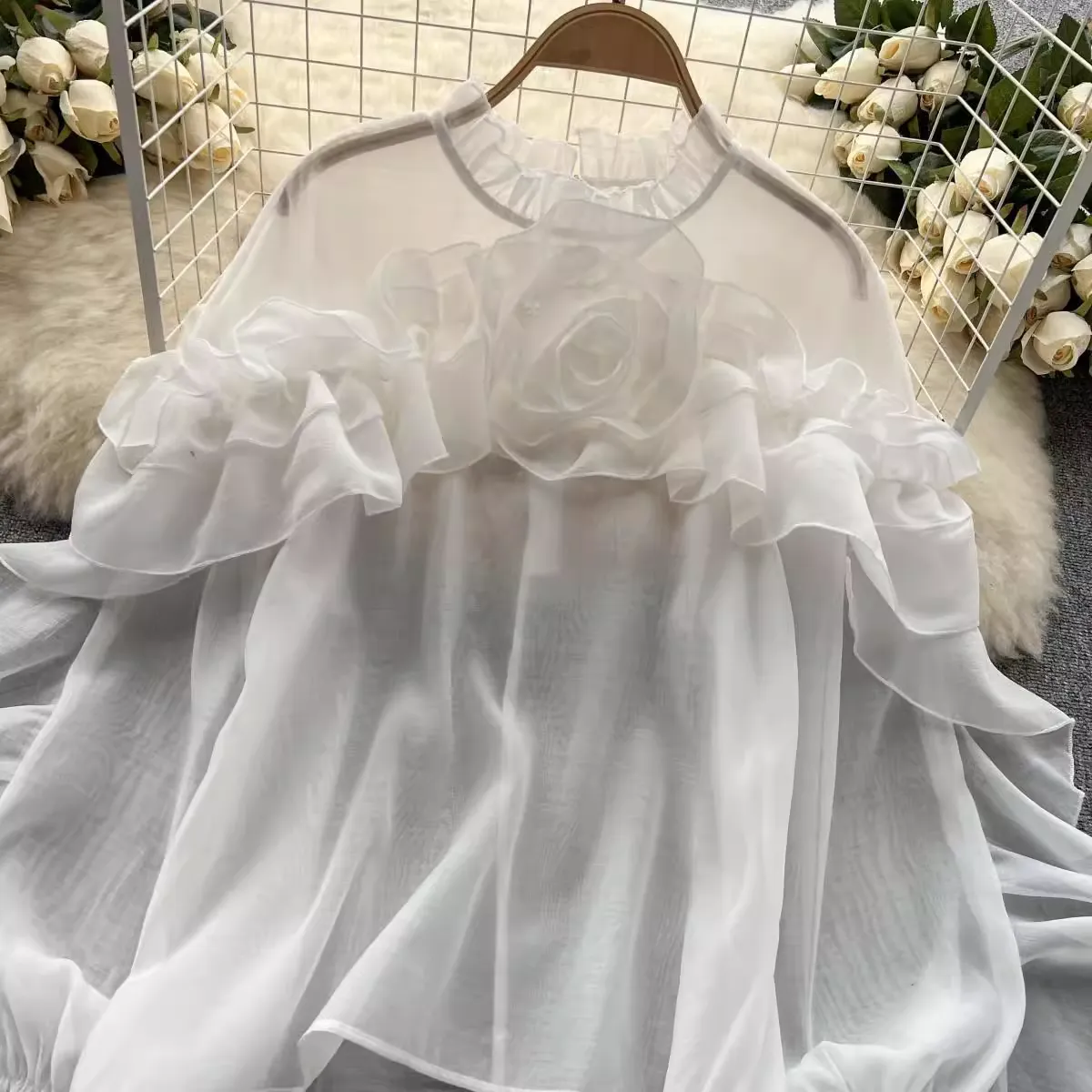 Women's irregular ruffled mesh blouses