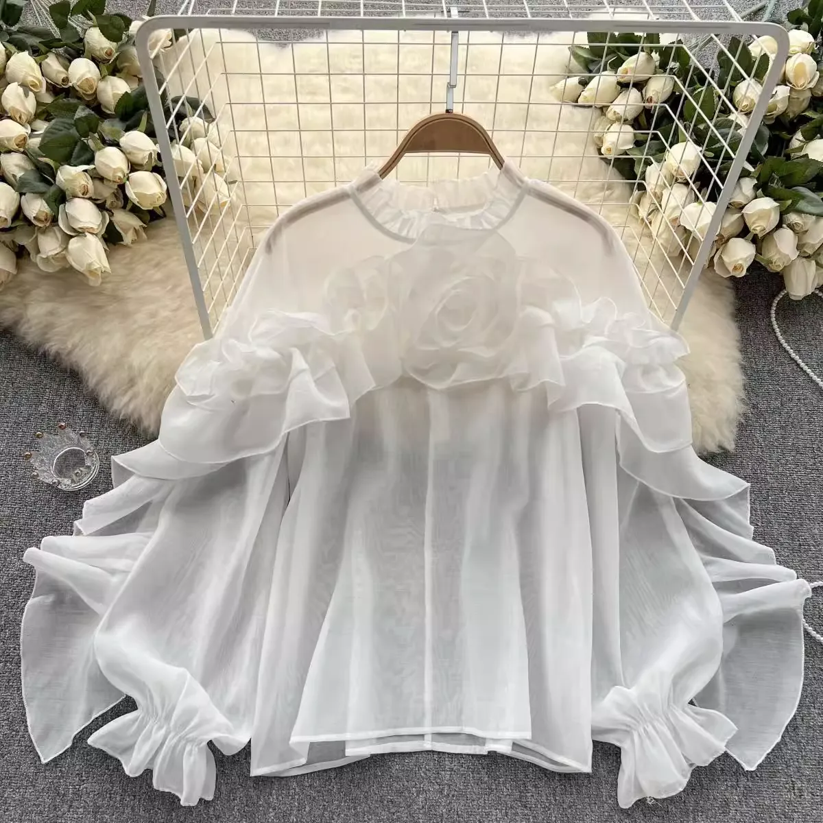 Women's irregular ruffled mesh blouses