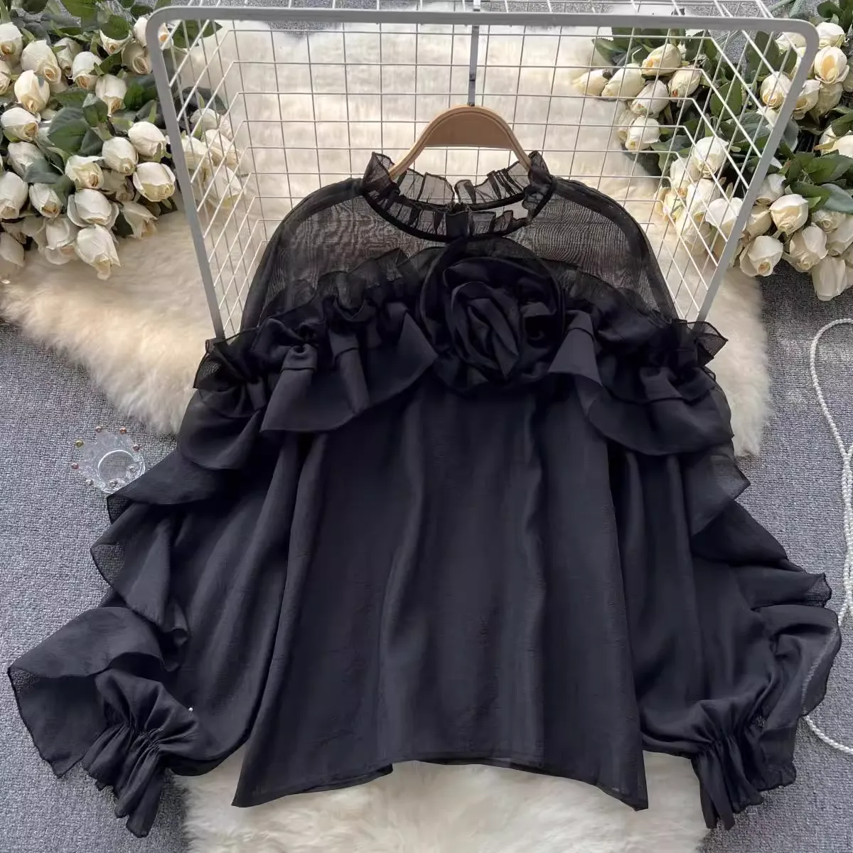 Women's irregular ruffled mesh blouses