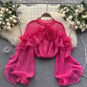 Women's irregular ruffled mesh blouses