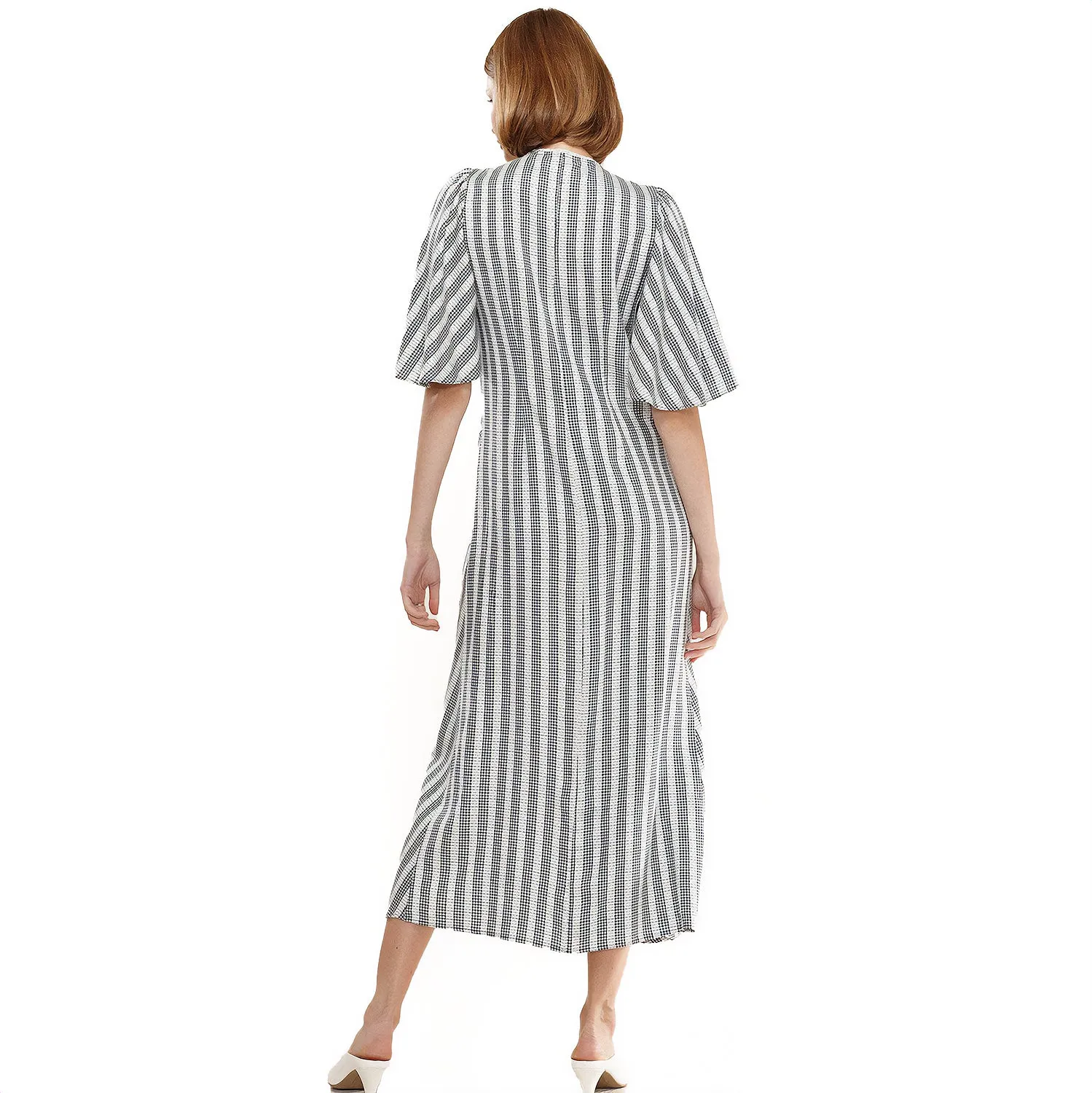 Women's Lace Trim Tie Front Maxi Dress in Ditsy Gingham