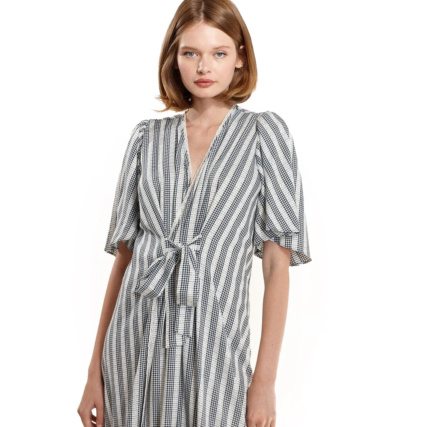 Women's Lace Trim Tie Front Maxi Dress in Ditsy Gingham