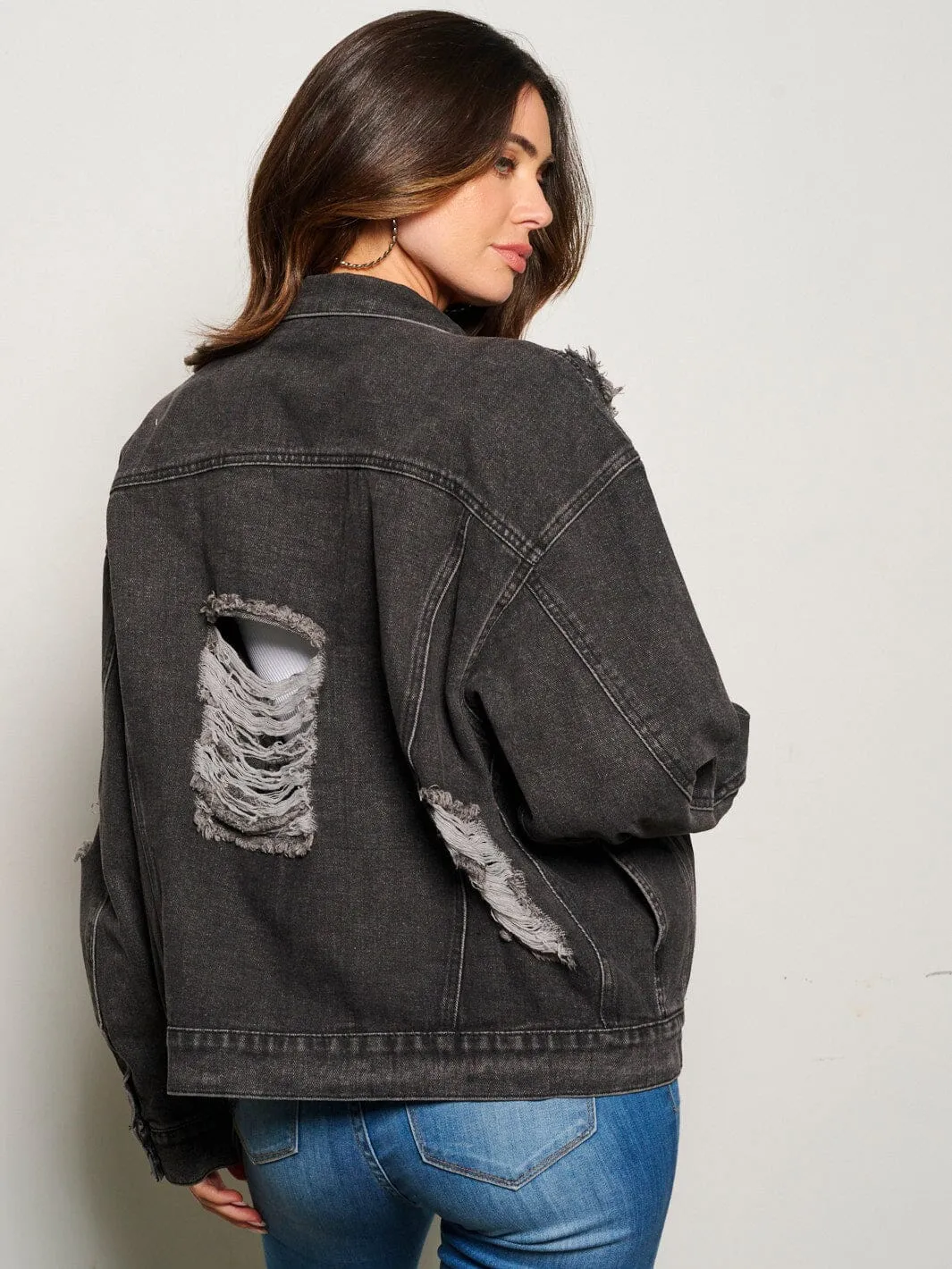 WOMEN'S LONG SLEEVE BUTTON CLOSURE DISTRESSED POCKETS DENIM JACKET