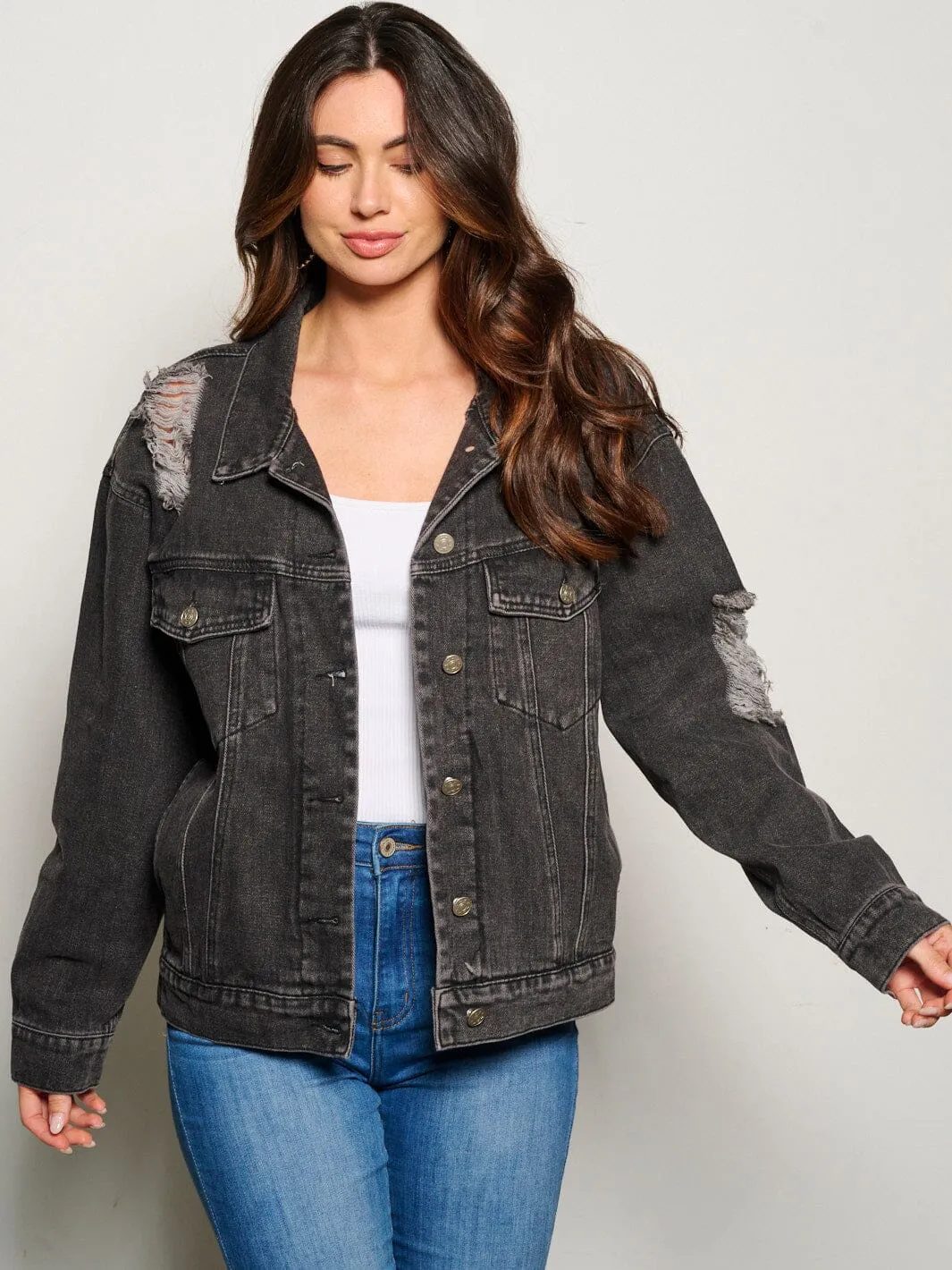 WOMEN'S LONG SLEEVE BUTTON CLOSURE DISTRESSED POCKETS DENIM JACKET