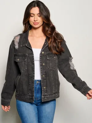WOMEN'S LONG SLEEVE BUTTON CLOSURE DISTRESSED POCKETS DENIM JACKET