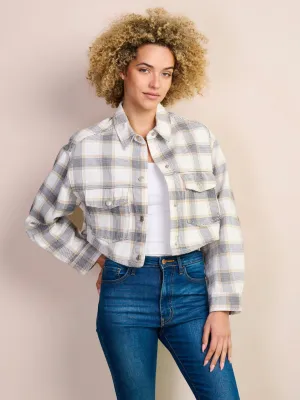 WOMEN'S LONG SLEEVE BUTTON CLOSURE PLAID DENIM CROP JACKET