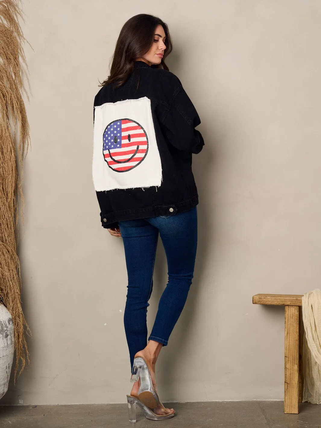 WOMEN'S LONG SLEEVE BUTTON UP  BACK GRAPHIC DETAILED DENIM JACKET