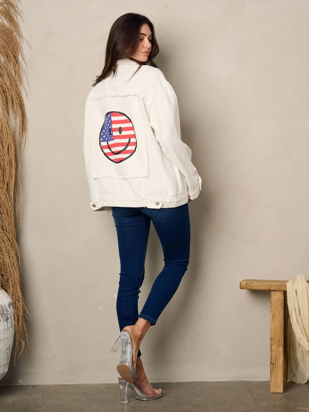 WOMEN'S LONG SLEEVE BUTTON UP  BACK GRAPHIC DETAILED DENIM JACKET
