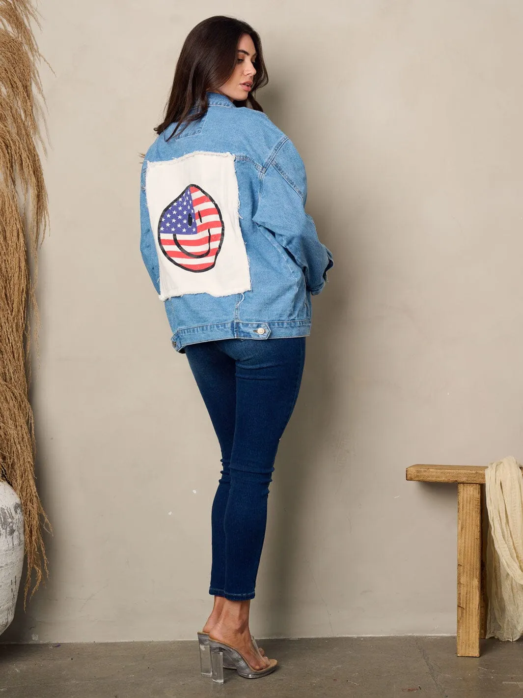 WOMEN'S LONG SLEEVE BUTTON UP  BACK GRAPHIC DETAILED DENIM JACKET