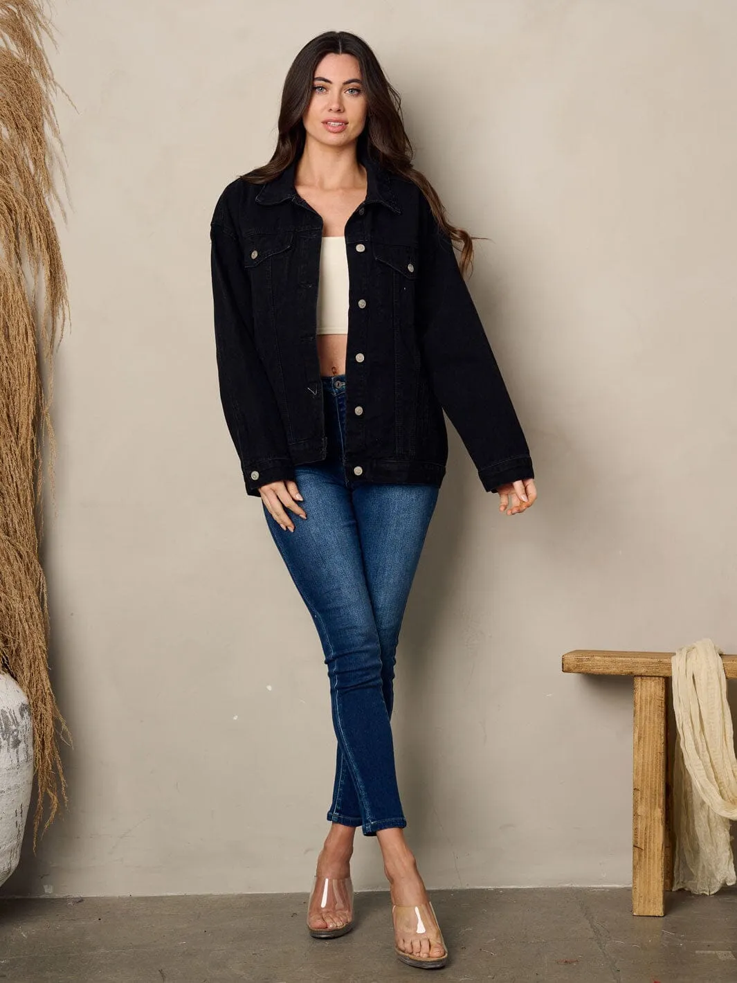 WOMEN'S LONG SLEEVE BUTTON UP  BACK GRAPHIC DETAILED DENIM JACKET