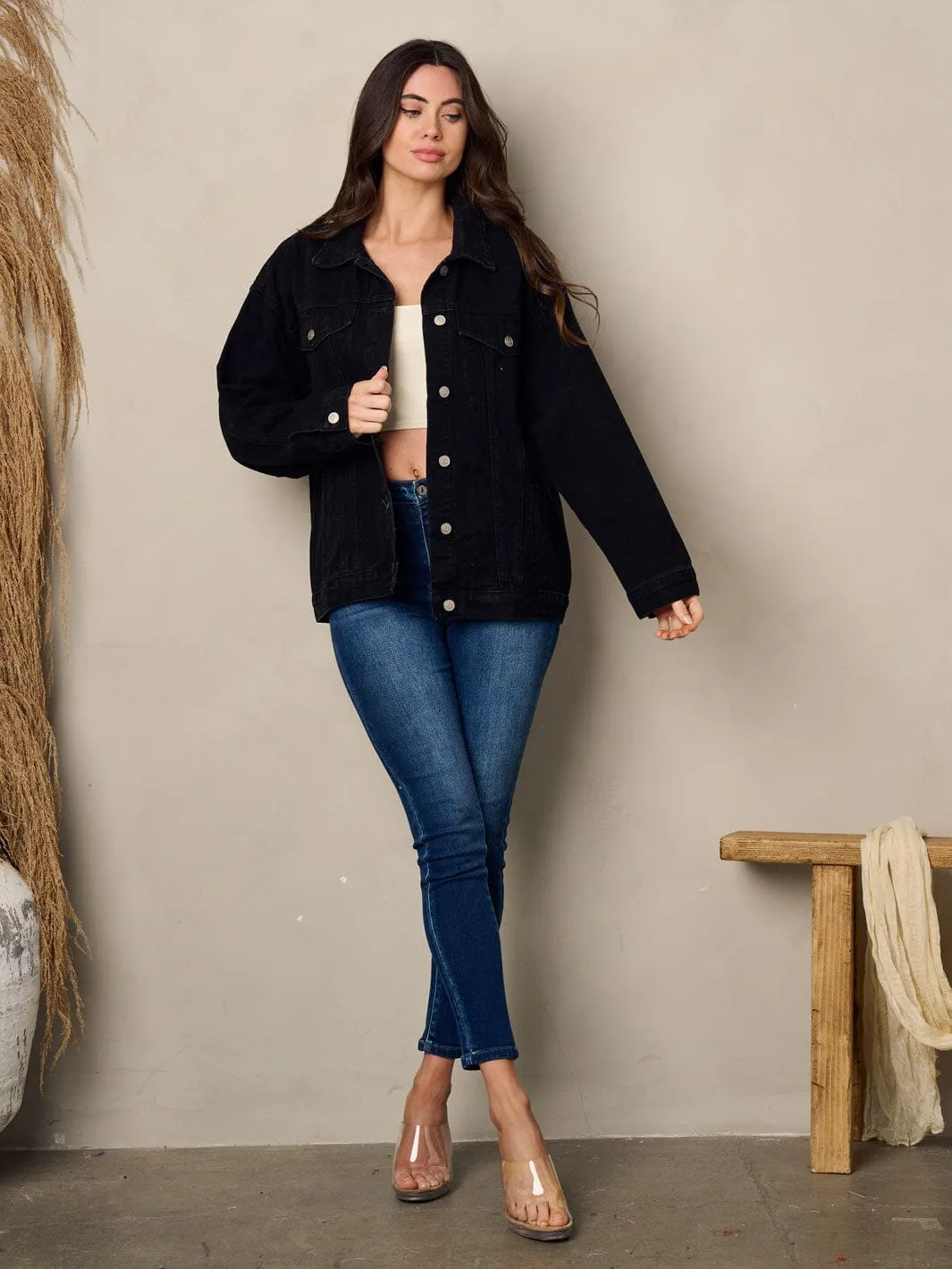 WOMEN'S LONG SLEEVE BUTTON UP  BACK GRAPHIC DETAILED DENIM JACKET